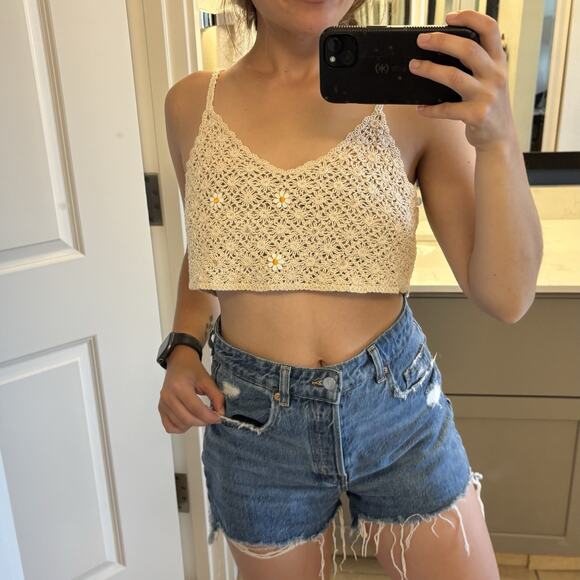 Crochet Cream Crop Top With Daisy Details Strappy Cottagecore Festival Boho - Picture 1 of 7